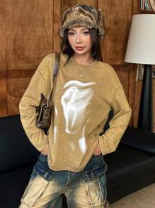 SHEIN EZwear Áo thun dệt kim cổ tròn tay dài in hình mặt ma quái cổ điển dành cho nữ - Màu Khaki - Xem 3