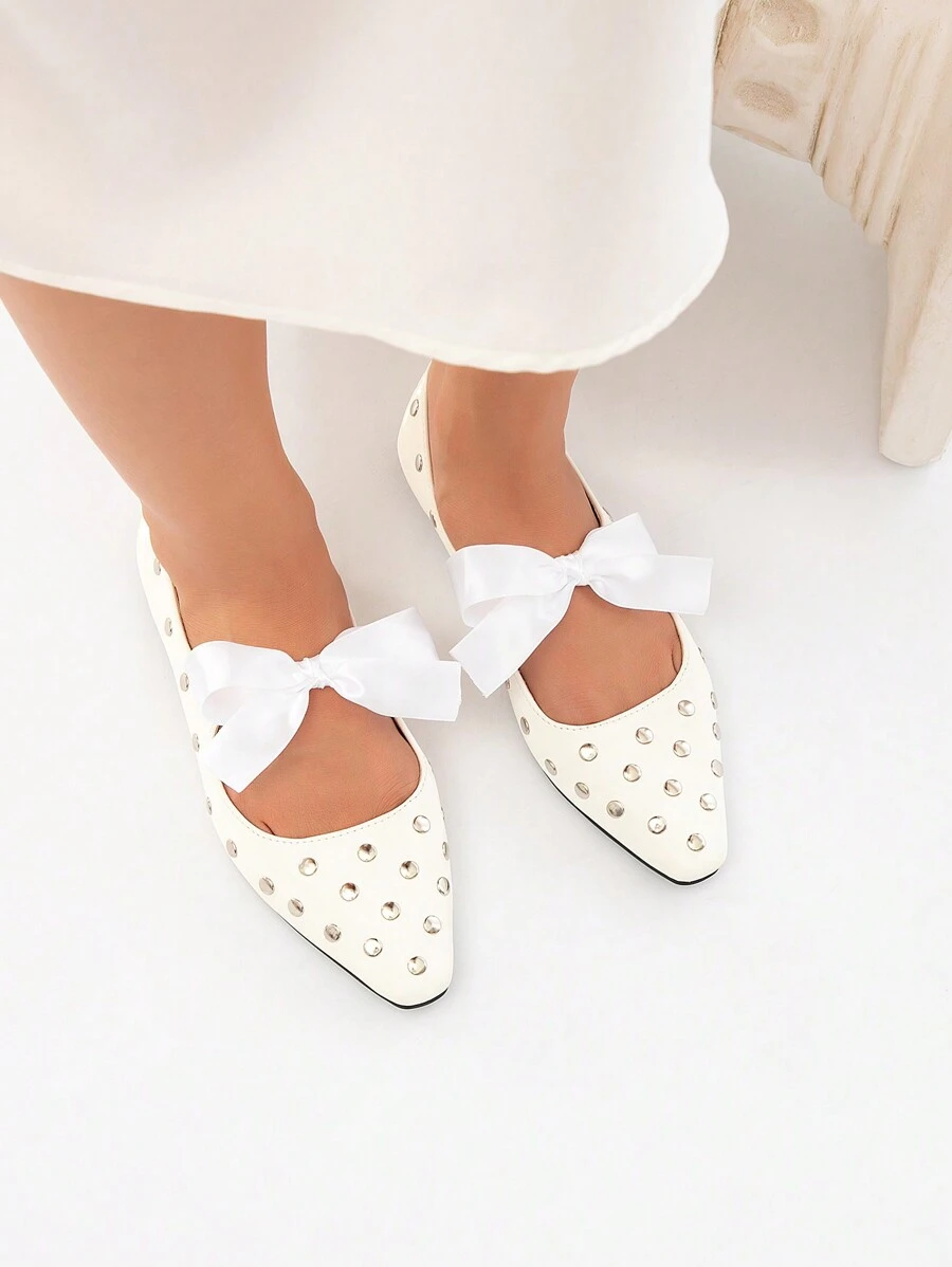 CUCCOO CHICEST 2024 Spring & Autumn New Flat Shoes With Ribbon & Rivet Decor, Solid Color Square Toe Casual Versatile Flats