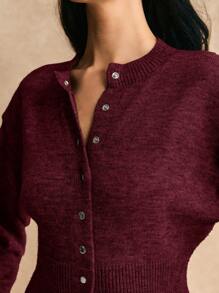 Poéselle 短款修身前扣纯色长袖简约休闲针织开衫、毛衣、短款女式毛衣、女式毛衣、针织毛衣、冬季女装、秋季女装、FW24