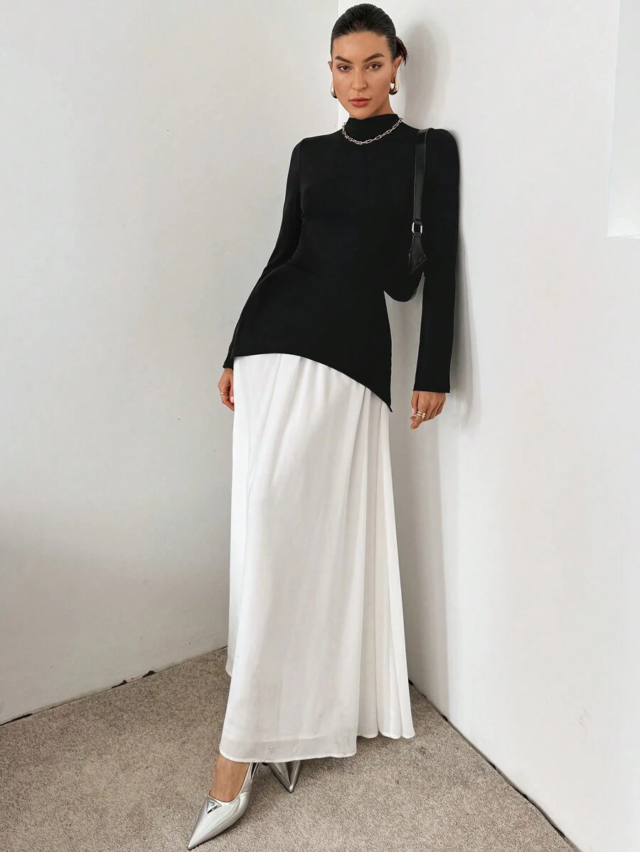 SHEIN Essnce 女士优雅双色漏斗领喇叭袖二合一超长连衣裙、礼服、女士正装、新年前夜连衣裙、黑白、长裙、 - 黑與白 - 查看 1