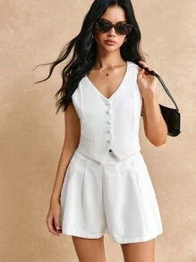 Poéselle 前扣背心夹克和短裤，宽松版型，度假套装，轻松时尚，亚麻混纺面料 - 白色 - 查看 6