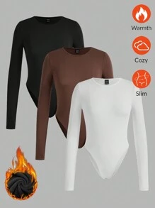 SHEIN EZwear Bộ 3 món/Bộ đồ liền thân cổ tròn màu trơn đơn giản cỡ lớn, mùa thu/đông - Nhiều màu - Xem 4