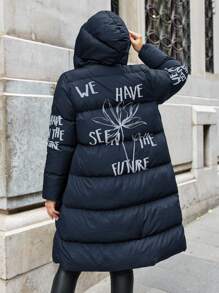 EURMUSE Plus Size Women Winter Slogan Print Zip-Up Padded Coat - Navy Blue - View 2