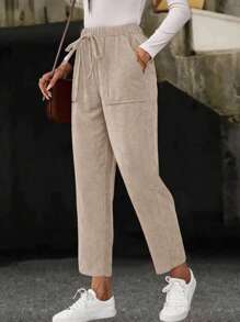 EMERY ROSE Quần dài nhung kẻ ống đứng tự buộc eo thường ngày cho nữ, mùa thu - Màu be - Xem 7