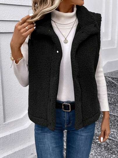 SHEIN LUNE Damen einfarbige Weste mit Knopfleiste, ärmellos, minimalistisch, lässig, umkehrbar, Fleece-Jacke für Herbst/Winter