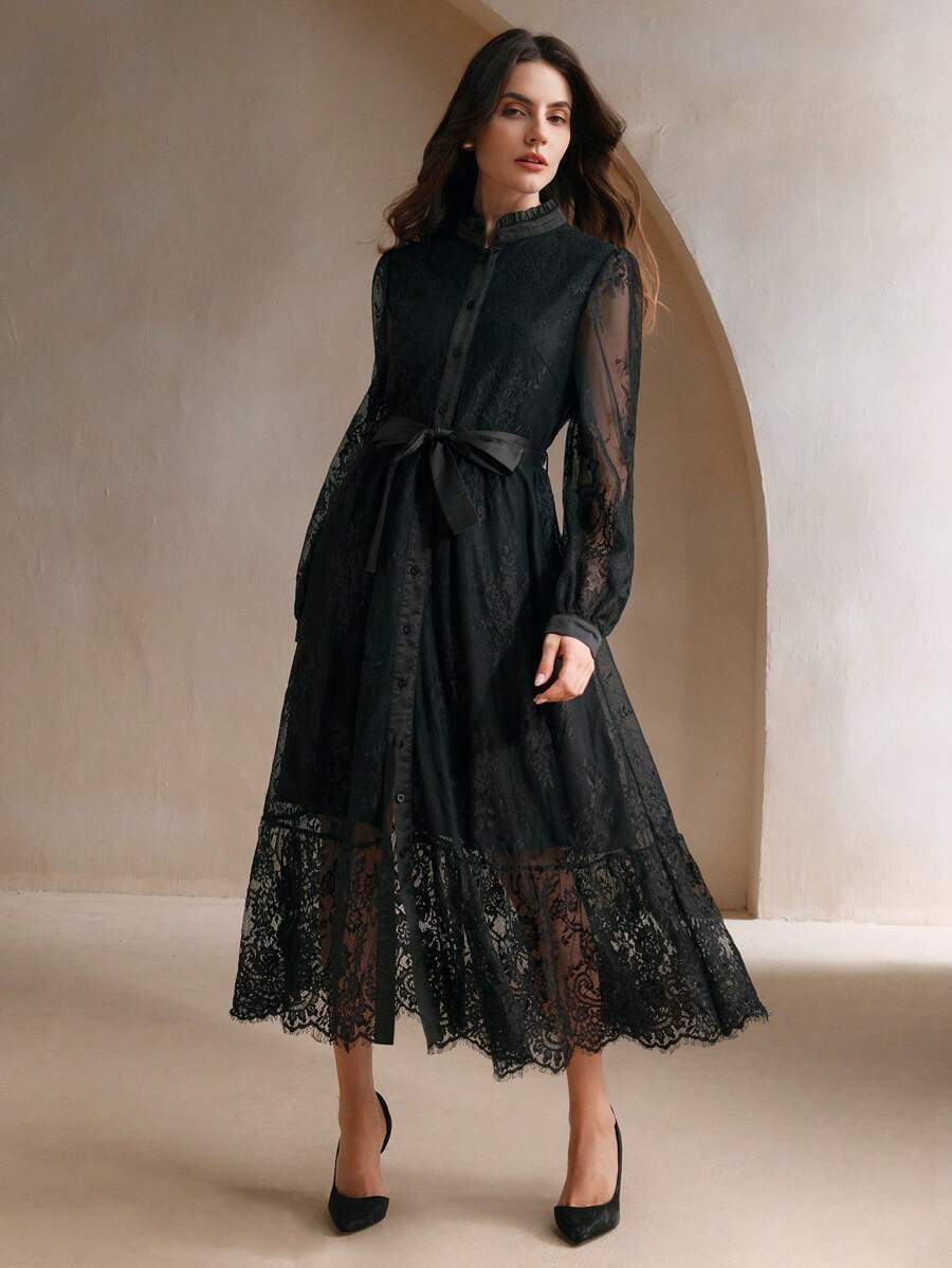Anewsta Elegant Embroidered Lace Midi Dress For Women, Spring/Autumn Maxi Women Outfit - Black - View 1
