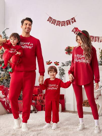 SHEIN LUNE Women Christmas Slogan Print Dropped Shoulder Long Sleeve Hoodie And Leggings Casual 2 Pieces Set, Autumn Valentine's Day Family & Couple Party