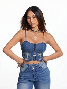 SHEIN ICON 拉鏈開襟腰帶吊帶牛仔上衣 - 中等水洗藍 - 查看 3