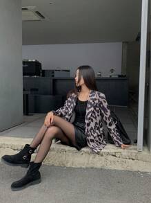 INAWLY Women's Autumn Winter Leopard Print Lapel Neck Long Sleeve Single-Breasted Casual Jacket