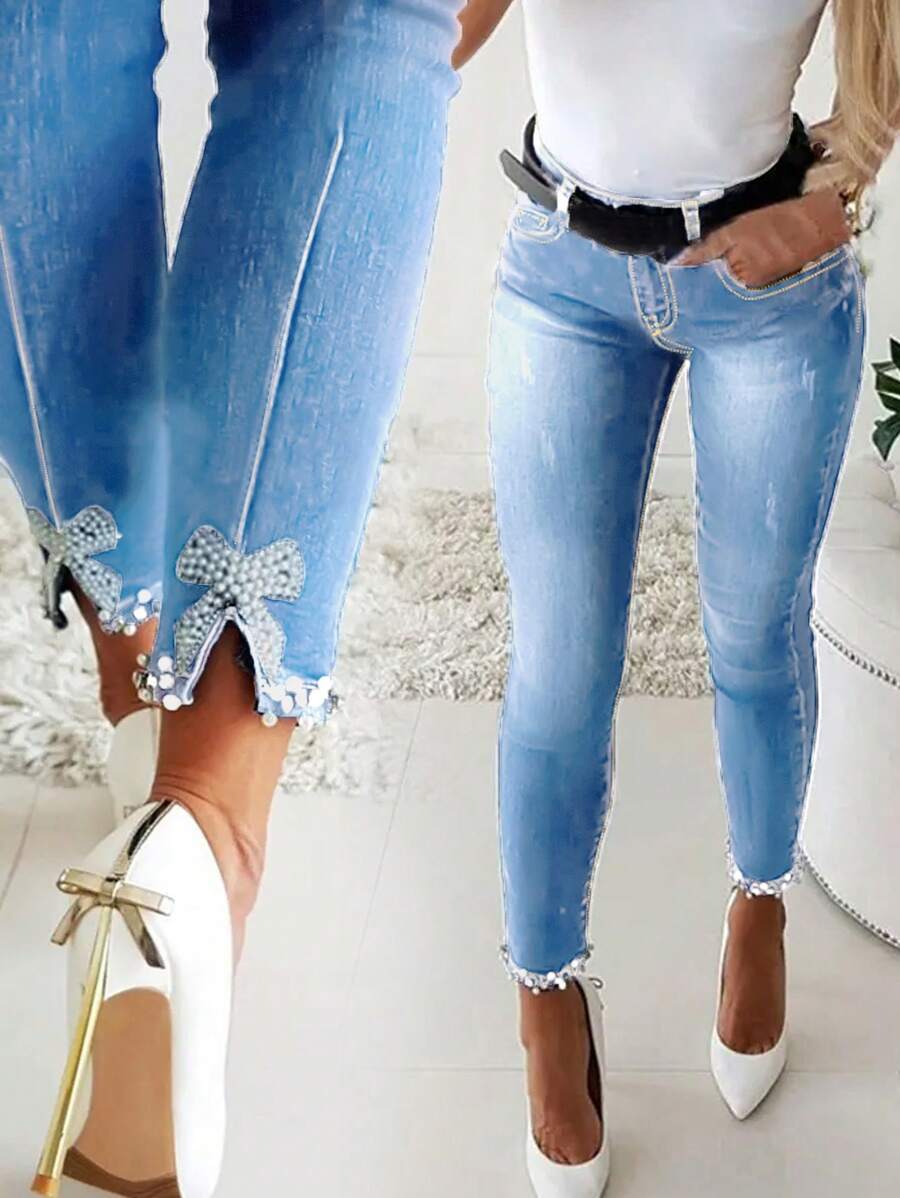 Women's Pocket Design Young Fashion Rhinestone Embellished Skinny Jeans Casual Spring - Medium Wash - View 1
