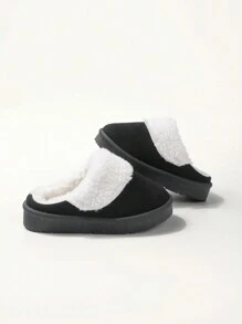 1 Pair Boys' Black Flat Simple Casual Thick Comfortable Slippers, Suitable For Winter Indoor Wear - Black - View 4