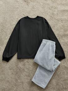 Manfinity VCAY 2pcs/Set Men Knitted Fashion Casual Loose Long Sleeve T-Shirt & Elastic Waist Straight Leg Pants Suit