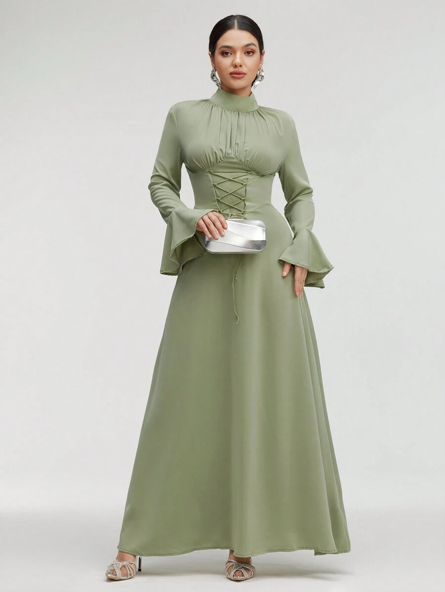 Veilorie Ladies' Solid Color Simple Daily Long Dress With Arabic Rope Modest - Mint Green - View 1