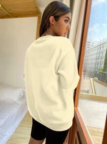 SHEIN Unity 女式字母印花圆领落肩长袖休闲运动衫，秋季 - 杏色 - 查看 2