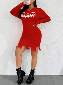 Flirla Plus Size Colorblock Geometric Pattern Ripped Fitted Hooded Sweater Dress, Casual For Autumn/Winter - Red - View 4