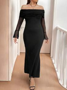Celure 大码女式纯色长袖露肩鱼尾下摆紧身连衣裙 - 黑色 - 查看 5