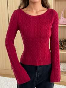 SHEIN EZwear 女士 Ancora 红色圆领长袖简约针织毛衣，秋冬季休闲日常穿着 - 酒紅色 - 查看 6