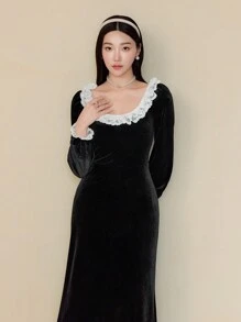 EastFlair Fall Winter Women's Lace Trim Velvet Elegant Black Long Sleeve Dress,For Party And Date, Holiday Dress,Christmas Party Dress,