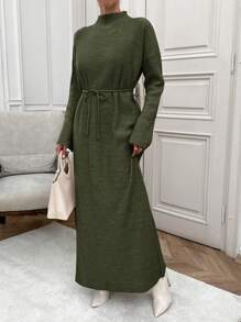 EURMUSE Long Sleeve Stand Collar Belted Solid Color Sweater Dress Office Olive Green Autumn Modest Elegant - Dark Green - View 4