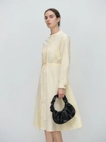 SHEIN LUNE Women's Elegant & Stylish Office/Casual Comfortable Long Sleeve Round Neck Front Open Cinched Waist Back Solid Color Shirt Dress Fall Cloth For Women - Beige - View 6