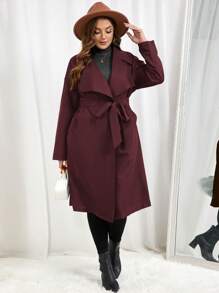 SHEIN Essnce Plus Size Women's Lapel Pocket Open Front Trench Coat - Burgundy - View 4