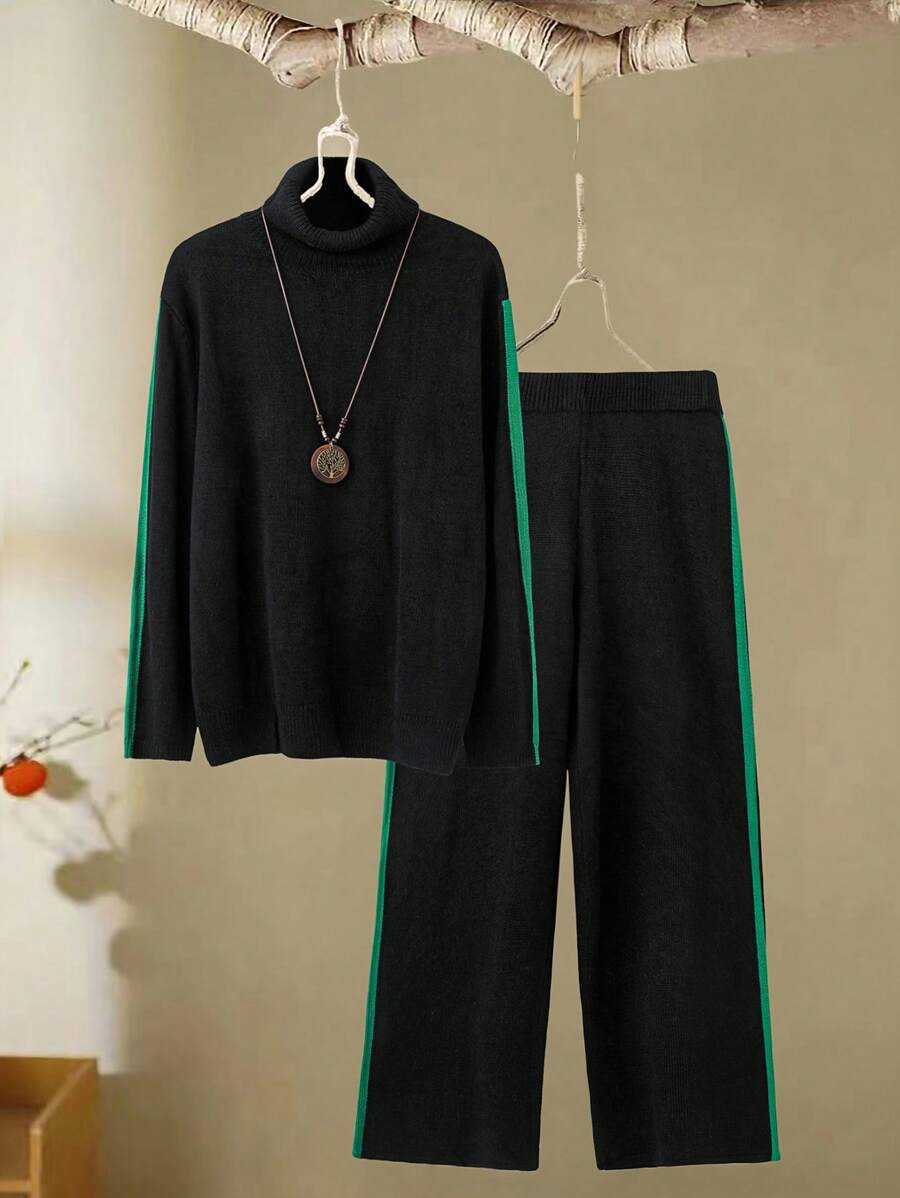 SHEIN Bộ 2 món áo len cổ lọ đan và quần sọc cỡ lớn cho nữ, mùa thu/đông - màu đen - Xem 1