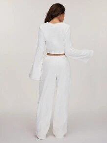 SHEIN BASICS Casual Solid Color Knitted Long Sleeve V-Neck Top & High Waist Long Pants 2pcs Set For Women, Thermal Chic, Cozy Chic, Daily Commute