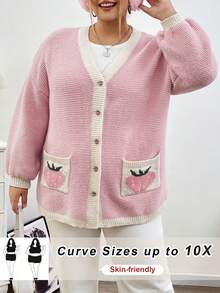 SHEIN CURVE+ Áo len cardigan hở cổ họa tiết dâu tây màu hồng Giáng sinh cỡ lớn, mùa thu/đông - Màu Hồng baby - Xem 3