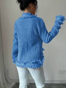 Elenzga Áo khoác cardigan đơn hàng ngày cho nữ tay dài cài khuy đơn tua rua vai trễ một bên màu trơn, thu/đông - Màu xanh lam - Xem 2
