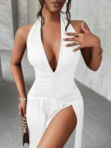 Slaydiva 优雅浪漫性感派对深 V 领露背开衩下摆 A 字长裙 - 白色 - 查看 5