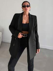 EURMUSE Lapel Neck Double Breasted Flap Detail Blazer - Black - View 4