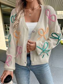 Chiquease 蝴蝶结装饰甜美优雅时尚针织开衫 - 米色 - 查看 1