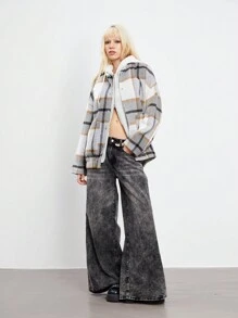 SHEIN Unity 1 件女士休闲格子立领长袖开衫夹克，简约风格，秋冬 - 彩色 - 查看 5