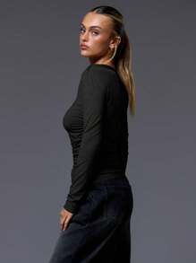 MUSERA Asymmetrical Shoulder Ruched Long Sleeve Top Casual Summer Holiday Going Out Tops Club Winter Elegant - Black - View 2