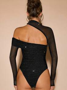SHEIN BAE Blusa de manga larga con cuello asimétrico, fruncido y ajuste ceñido de malla, apta para otoño/invierno - Negro - Ver 3