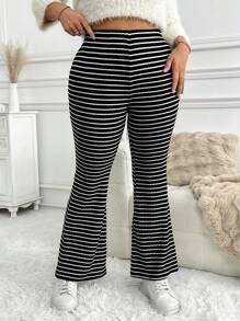 SHEIN LUNE 女士加大码百搭休闲条纹喇叭裤，感恩节新年日常穿着，女士热销 - 黑與白 - 查看 3