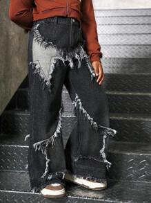Girls Y2K Street Style Versatile Star Patchwork Frayed Hem Relaxed Fit Wide Leg Straight Black & Gray Washed Denim Jeans - Black - View 4