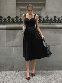 SHEIN Cottnline Women's Sweetheart Neck Patchwork Flare Midi Dress - Black - View 6