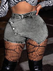 Dripcurv Short de mezclilla apretado y sexy de talla grande con falda elástica superpuesta, azul
