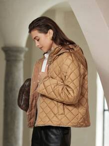 Aveloria Modichic 休闲绗缝加厚外套，带刺绣设计，口袋和兜帽，轻便防风，长袖，时尚，适合秋冬服装 - 咖啡棕 - 查看 7