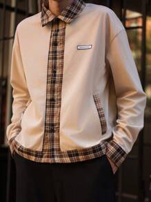Manfinity VCAY Camisa de manga larga con botones, casual y elegante, con parche de estampado de cuadros y unicolor, para uso diario de hombres jóvenes