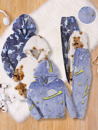 6 件套年轻男孩休闲可爱舒适时尚简约实用百搭宽松卡通印花保暖内衬连帽衫和裤子套装，适合学校、男孩服装、返校、男孩服装、日常、家居服、户外、运动、秋冬