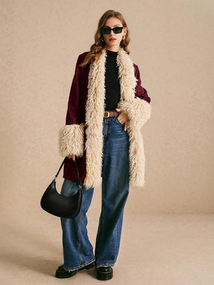 Poéselle 1pc Women Fuzzy Patchwork Colorblock Long Sleeve Open Front Casual Jacket, Autumn/Winter - Burgundy - View 1