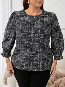 SHEIN Clasi Plus Size Plaid Print Round Neck Elegant Cable Sleeve Blouse