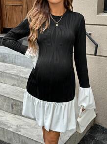 SHEIN 孕妇撞色圆领喇叭袖荷叶边下摆优雅连衣裙，秋季 - 黑與白 - 查看 3