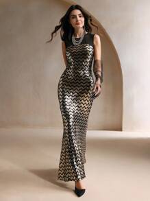 Anewsta Elegant Wave Pattern Beaded Women Long Dress, Spring/Autumn For Holiday Party Clothes Maxi Sequin Women Outfit
