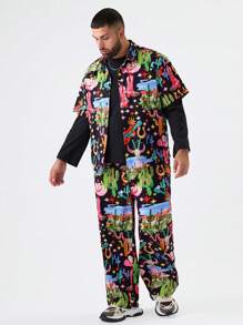Manfinity NXTstreet Conjunto de 2 piezas de camisa de tejido y pantalones holgados con estampado de cactus y guitarra para hombre de talla grande