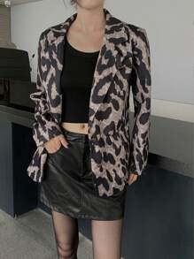 INAWLY Women's Autumn Winter Leopard Print Lapel Neck Long Sleeve Single-Breasted Casual Jacket