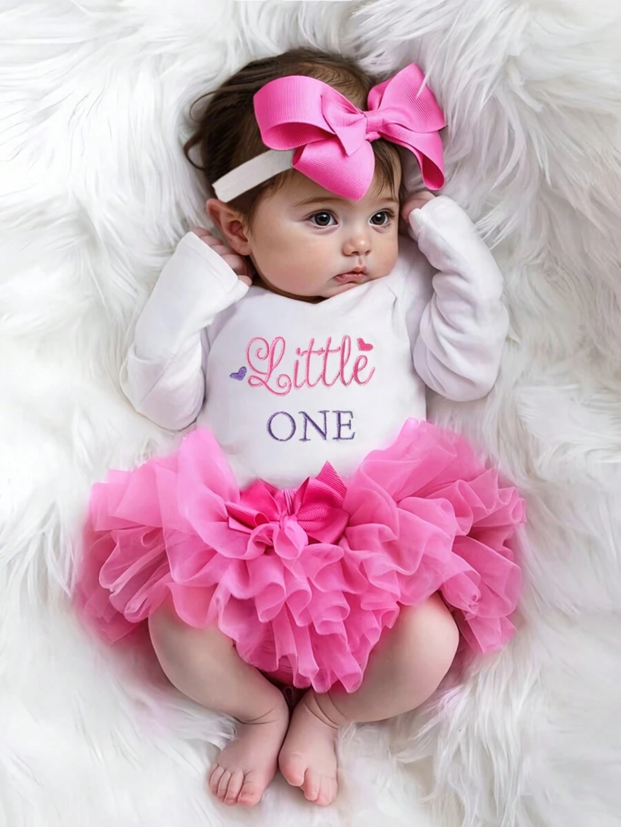 SHEIN Newborn Girl Photography Props Baby Girl Coming Home Outfit 1 Month Baby Girl Romper Props With TUTU Skirt And Bow Headband Newborn Shower Gift - Hot Pink - View 1