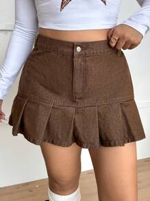 SHEIN EZwear 大码棕色修身牛仔迷你裙，休闲 - 棕色 - 查看 4